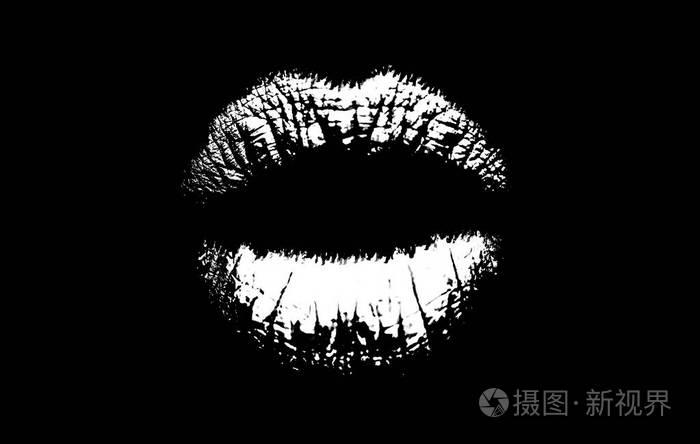 嘴唇图标黑色背景上美丽的嘴唇印记女人的概念化妆师性感的嘴唇黑白