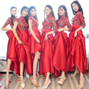 伴娘服2018新款中式短款姐妹裙新娘伴娘团显瘦结婚红色晚礼服裙女