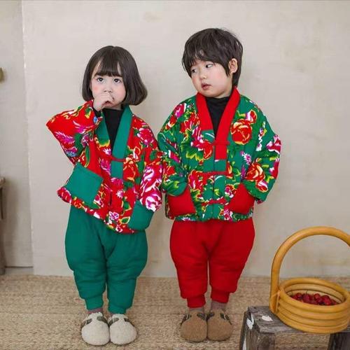 儿童东北花棉袄纯手工喜庆围巾两件套可爱小童棉裤外穿棉花汉服