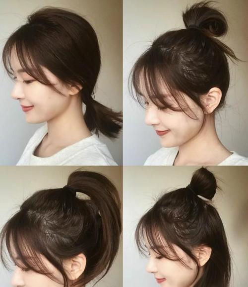 像这里配上的中分八字刘海和低马尾的搭配,露出纤细修长的天鹅颈,简直