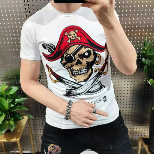 快手抖音同款春夏新款烫钻骷髅短袖男潮大码ins时尚圆领个性彩色