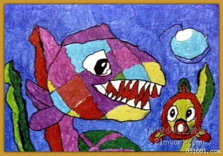 可怕的大鲨鱼水彩画_儿童画的作品图片观赏