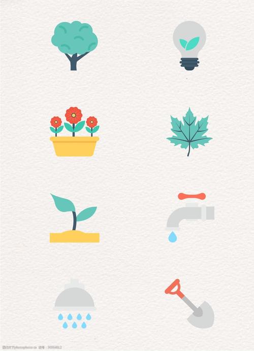 清新 扁平化 小图标 植物 树叶 卡通 矢量 花盆 灯泡 土壤 水龙头