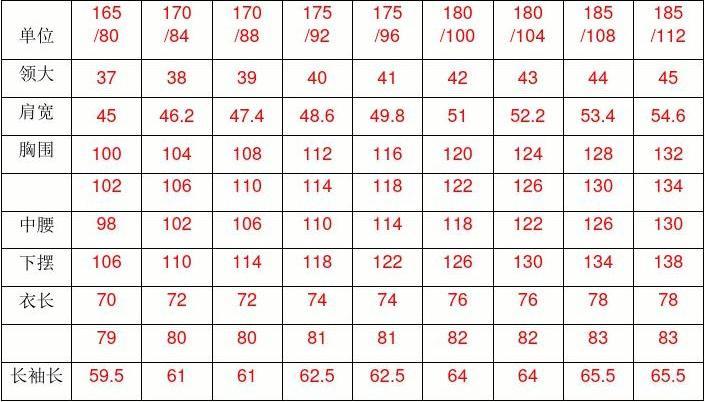 标准男式衬衫尺码对照表