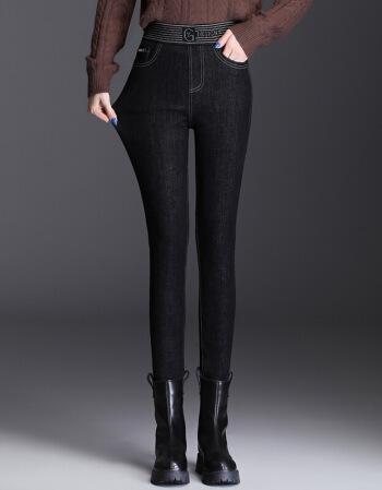 女士加绒牛仔裤松紧腰加长款秋冬高弹力耐风紧身裤高腰休闲铅笔裤黑色