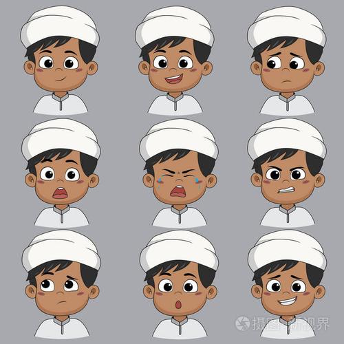 组的情感可爱的穆斯林男孩,微笑,是幸福的笑,伤心,勇往直前