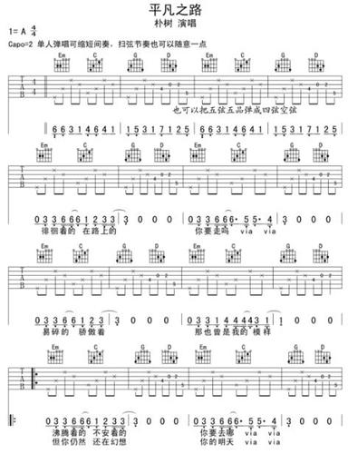 平凡之路吉他谱c调简单版入门吉他弹唱的六线谱