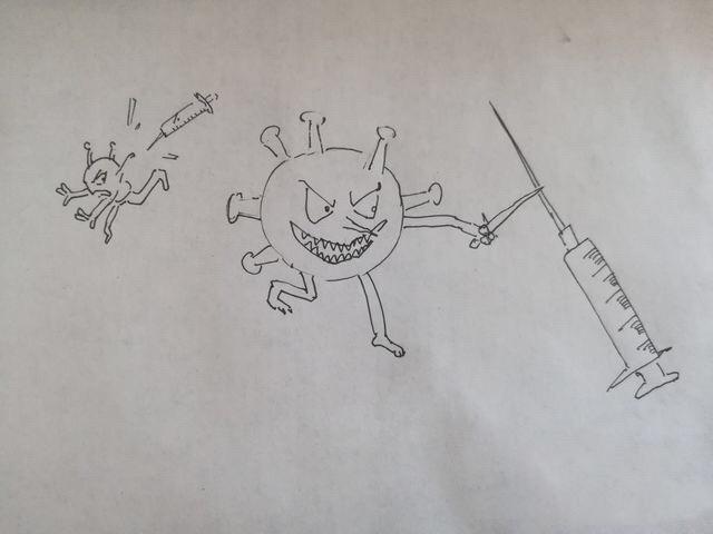 第三步在后面画出一个正在逃跑的病毒,后面画一个卡通针管,这个病毒