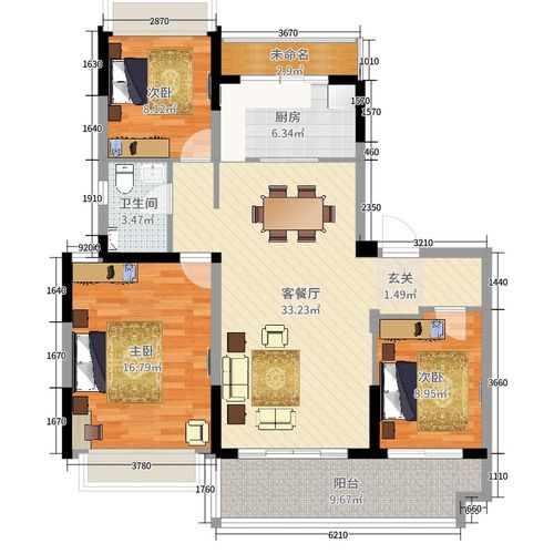 碧桂园.龙城3室2厅1卫1厨120.00㎡户型图