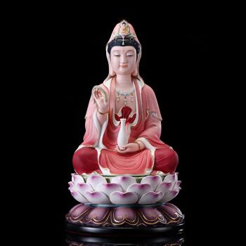 德化瓷坐莲观音佛像摆件居家彩衣观世音菩萨陶瓷彩绘观音大士16寸观音