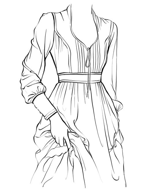 【绘画素材】画一组荷叶边连衣裙褶皱线稿_素材_连衣裙_荷叶边_线稿