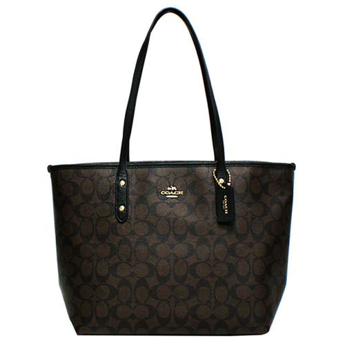 【coach】经典金属马车c logo pvc皮革肩背大托特包(深咖)