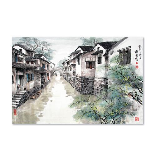 定制壁画 复古中式山水江南水乡壁纸徽派建筑水墨壁画书房客厅饭店
