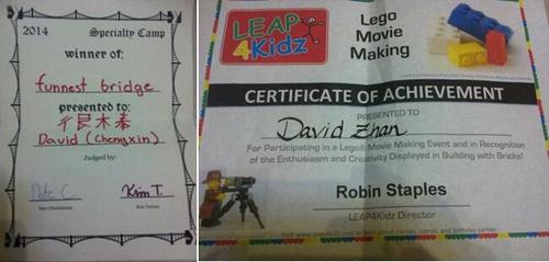 这是david在两期乐高电影制作中获得的奖状和证书!