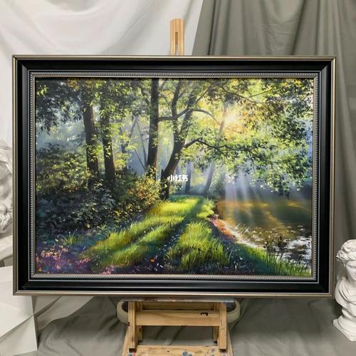 风景画丙烯油画阳光树林草地小河附步骤图