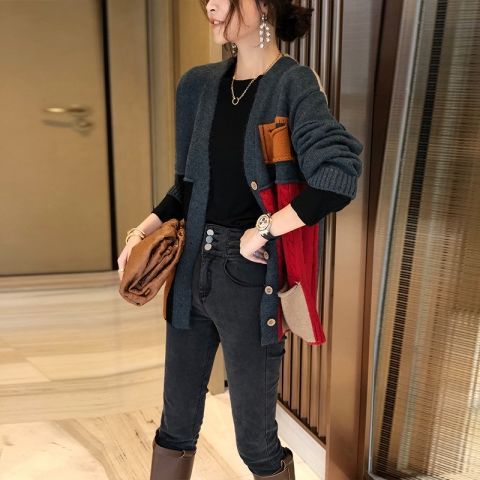 2021毛衣流行款式长款,最新毛衣款式图片 拼接毛衣开衫外套女针织宽松韩版中长款上衣秋季2021