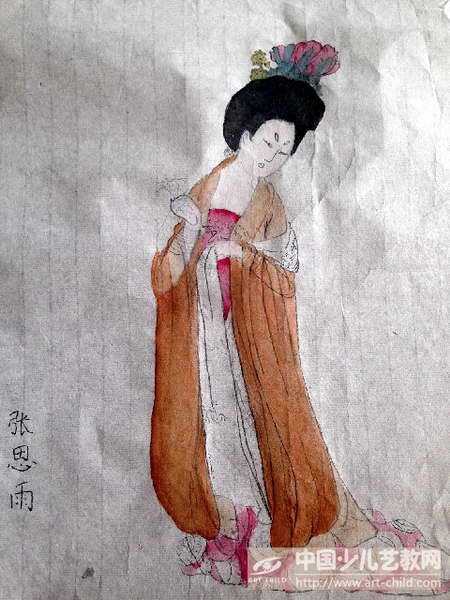 儿童画-簪花仕女图-《少儿画苑》第19届国际少儿书画