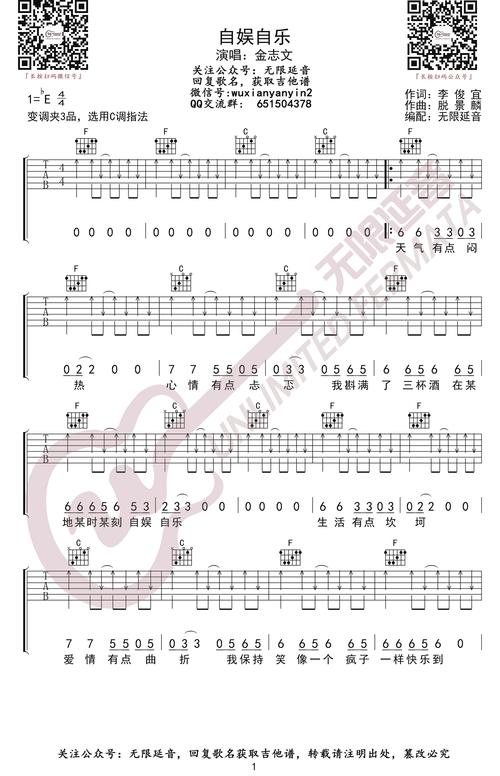 自娱自乐吉他谱金志文c调弹唱六线谱