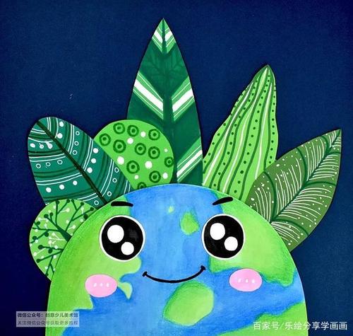 地球和树木粘贴在深色的卡纸上 并用水彩笔对树木进行花纹的装饰