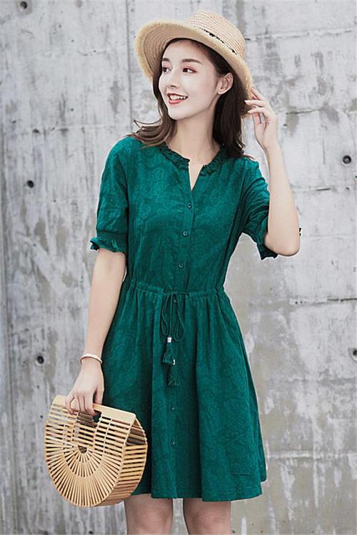 连衣裙女夏新款抽花边夏装中长款小个子修身收腰短袖纯棉裙子