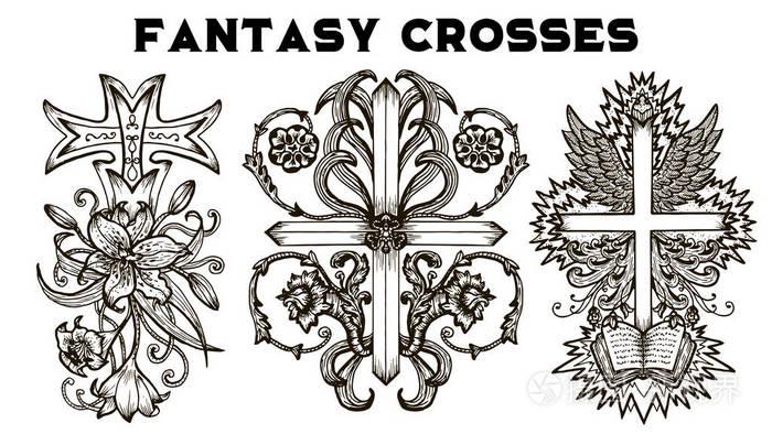 设计设置与幻想十字架与巴洛克图案花和翅膀隔离在白色老式矢量装饰