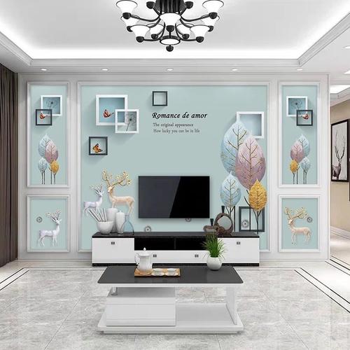 8d电视背景墙壁纸现代简约客厅3d立体墙纸壁画5d墙布北欧风格麋鹿五宫