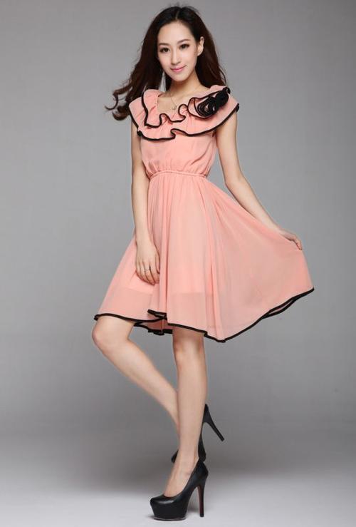 加工新款夏连衣裙 纯色雪纺裙大摆收腰连衣裙 大翻荷叶领连衣裙