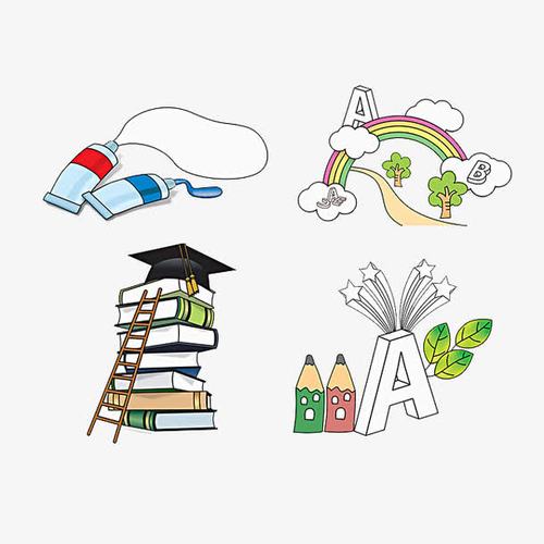 关键词 : 手绘,手绘画,学习用品,梯子,书,博士帽,彩虹