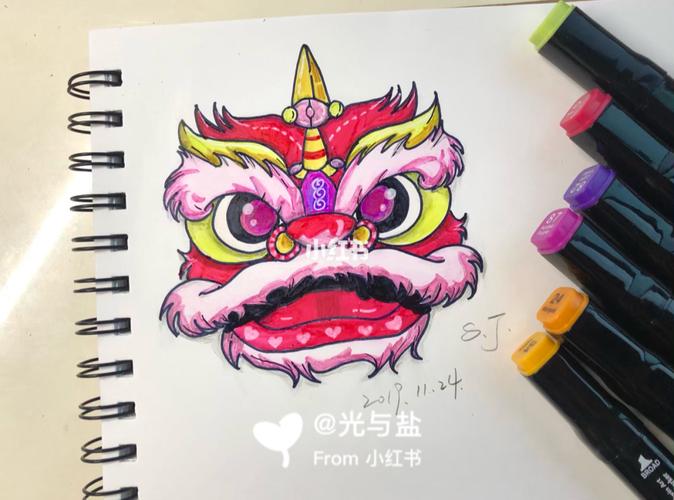 粉色萌萌哒舞狮线稿_萌萌哒_简笔画_简笔画教程_文化