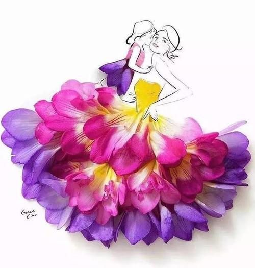 下半身裙子用花瓣粉饰再用水彩晕染人物上半身她先把人物的表面用