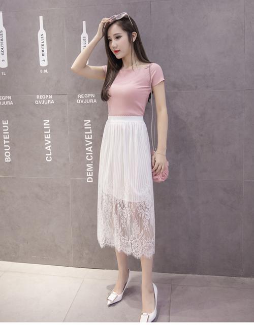 实拍2018春季夏女装时尚勾花镂空蕾丝半身裙女高腰中长裙9013