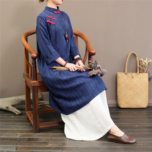 复古连衣裙提花棉麻中长袍子盘扣斜襟
