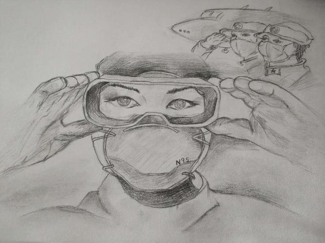齐欣老师展示素描《致敬最美逆行者》