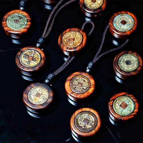 古金文创手工创意实木镶嵌铜钱板可转钱车钥匙扣挂吊坠手把件饰品