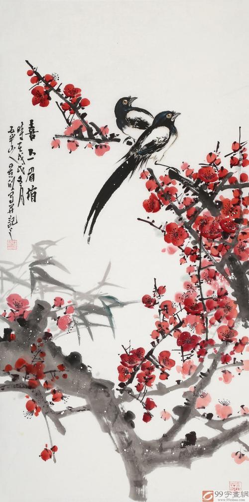 梁景欣 三尺国画梅花报喜图《喜上眉梢》 - 梅花图 - 99字画网