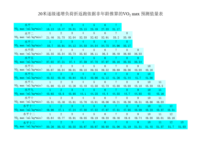 20米折返跑参考表