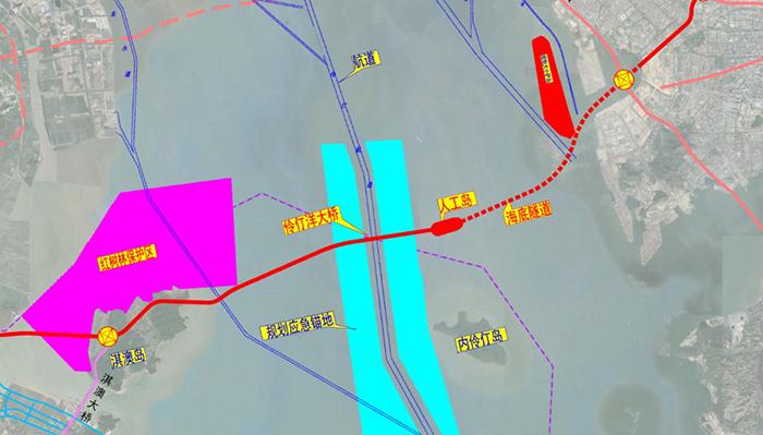 海底隧道  通道主桥距离上游深中通道12公里,  距离下游港珠澳大桥20
