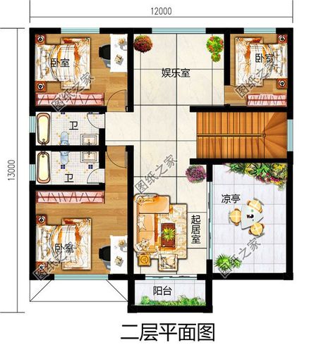 户型四:100平米左右新农村二层房屋设计图纸,带外观图和效果图