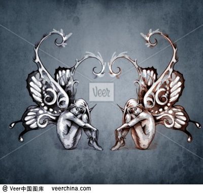duality concept tattoo, two fairy on blue vintage background