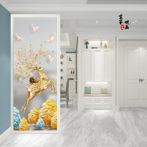 新中式麋鹿彩绘艺术玻璃屏风隔断背景墙酒柜磨砂透光双面入户玄关