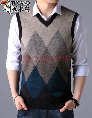 啄木鸟秋冬季新款v领背心男士中青年鸡心领纯羊毛针织