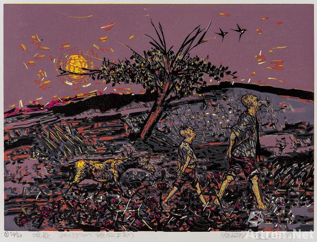 《晚歌》  贺昆 55x42cm 2017年 绝版木刻