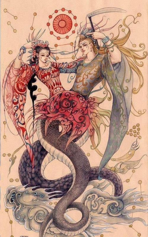 伏羲 女娲_伏羲女娲图中,两人的手中各拿着曲尺和圆规