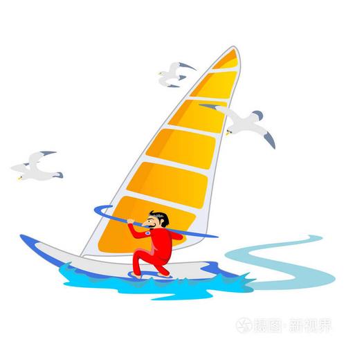 滑浪风帆水极限运动,夏天度假活动概念, 卡通波冲浪