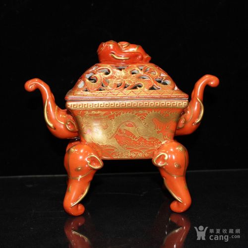 清乾隆红釉描金镂空龙纹象耳四足熏炉古玩古董古瓷器