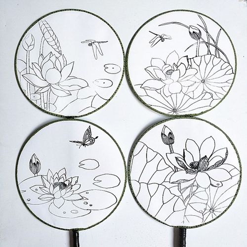 工笔画团扇白描底稿初学者空白手工填色国画熟绢手绘荷花鸟圆扇面