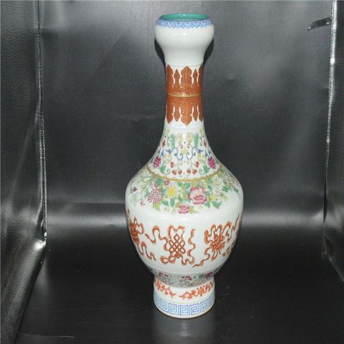精品大清乾隆年制粉彩描金蒜头花瓶古董古玩瓷器真品