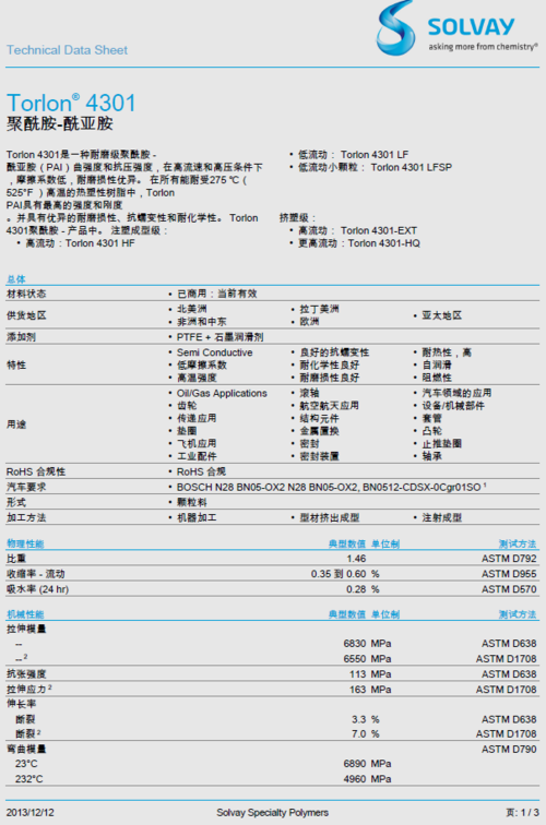 索尔维solvay pai torlon 4301-ext原厂中文物性表