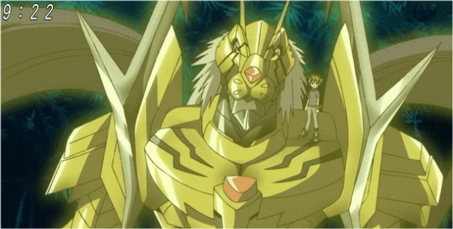 数码宝贝黄金加鲁鲁诞生手握偃月刀身披金甲超越皇家骑士