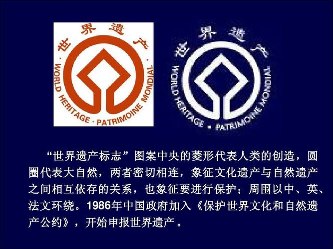"世界遗产标志 " 图案中央的菱形代表人类的创造 , 圆 世界遗产标志"